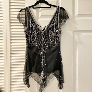 Scala Beaded Sequin Silk Top M Black Silver Formal Holiday Art Deco Gatsby Glam
